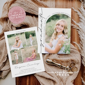 May include: Graduation announcement cards with photos of a young woman. One card features a single photo, the other has four. The cards include the graduate's name, school, and event details. A gold-colored wax stamp and seals are also visible.