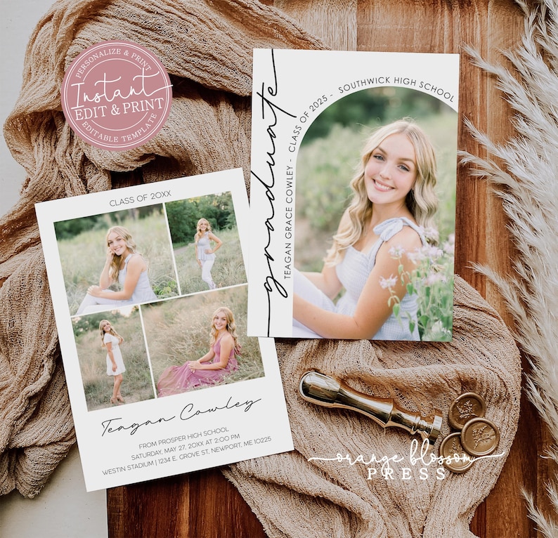 May include: Graduation announcement cards with photos of a young woman. One card features a single photo, the other has four. The cards include the graduate's name, school, and event details. A gold-colored wax stamp and seals are also visible.