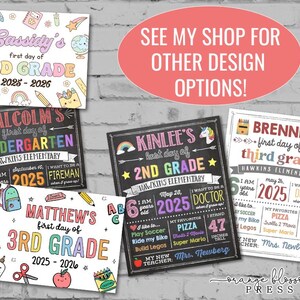 colorful posters advertising various school-related products, such as first day of school supplies, backpacks, and school uniforms.