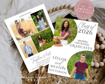 Graduation Announcement Invitation, Twins Siblings Two Graduates, DIY Photo Graduation Party, Digital or Printed, Instant Edit & Download