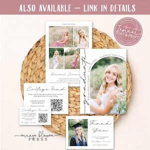May include: A graduation design bundle featuring a variety of templates. Includes invitations, thank you cards, and college fund cards. The design features photos of a graduate and includes the text "FULL GRADUATION DESIGN BUNDLE ALSO AVAILABLE - LINK IN DETAILS."