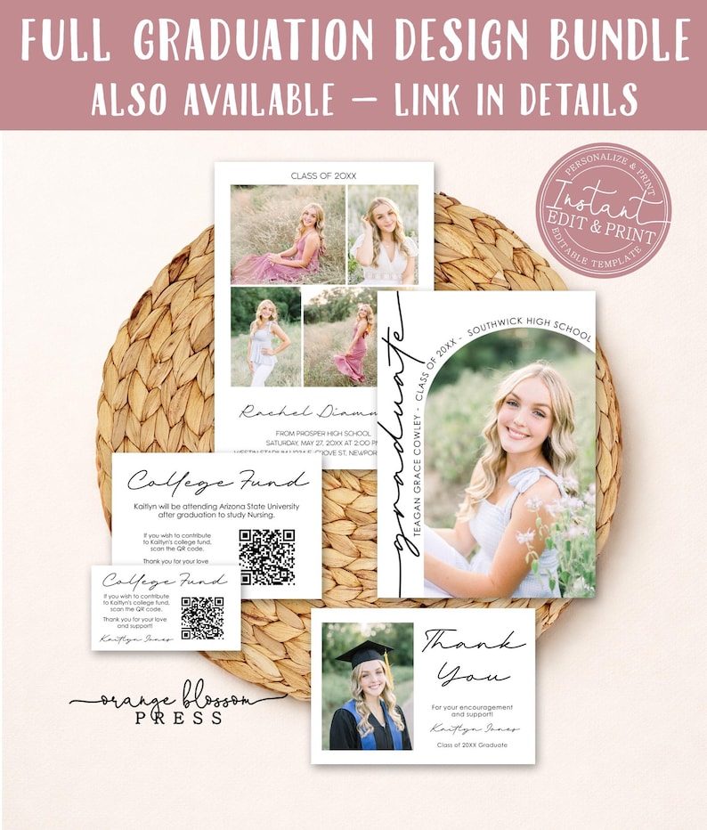 May include: A graduation design bundle featuring a variety of templates. Includes invitations, thank you cards, and college fund cards. The design features photos of a graduate and includes the text "FULL GRADUATION DESIGN BUNDLE ALSO AVAILABLE - LINK IN DETAILS."