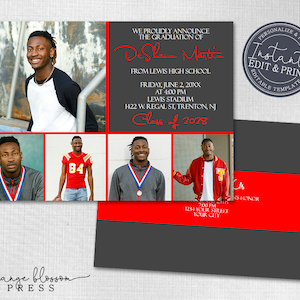 May include: A graduation announcement for Shaan Master, graduating from Lewis High School on June 2, 20XX at 4:00 PM at Lewis Stadium. The announcement includes a photo collage of the graduate in different poses. The announcement is in red and gray with the text "Class of 20XX" in red.