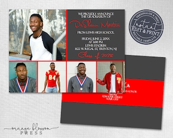 Modern Custom Photo Graduation Announcement Invitation, Grey, Black, Multiple Photo Grad Invite, Digital or Printed, Instant Edit & Download