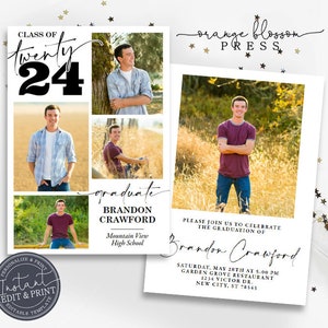 Graduation Announcement, Grad Invitation, Simple Modern Clean, Photo Collage Graduation Party, Digital or Printed, Instant Edit & Download