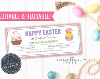 Easter Gift Certificate Template, Event Trip Coupon, Personalized Present, Printable, Reusable, Custom, Editable, Instant Edit/Download