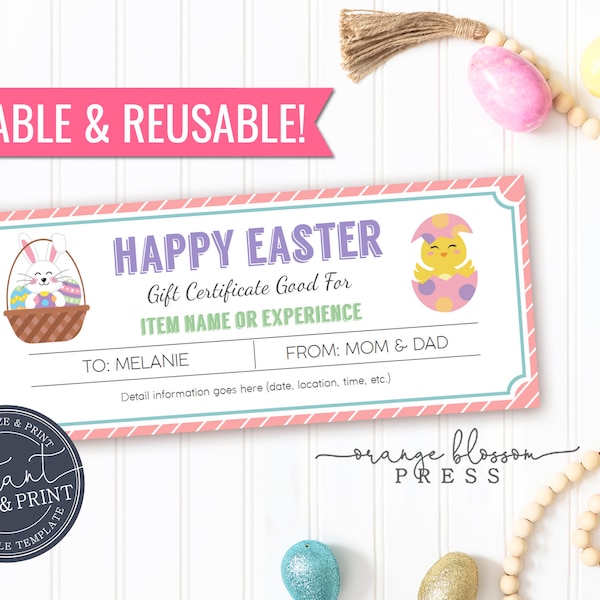 Easter Gift Certificate Template, Event Trip Coupon, Personalized Present, Printable, Reusable, Custom, Editable, Instant Edit/Download