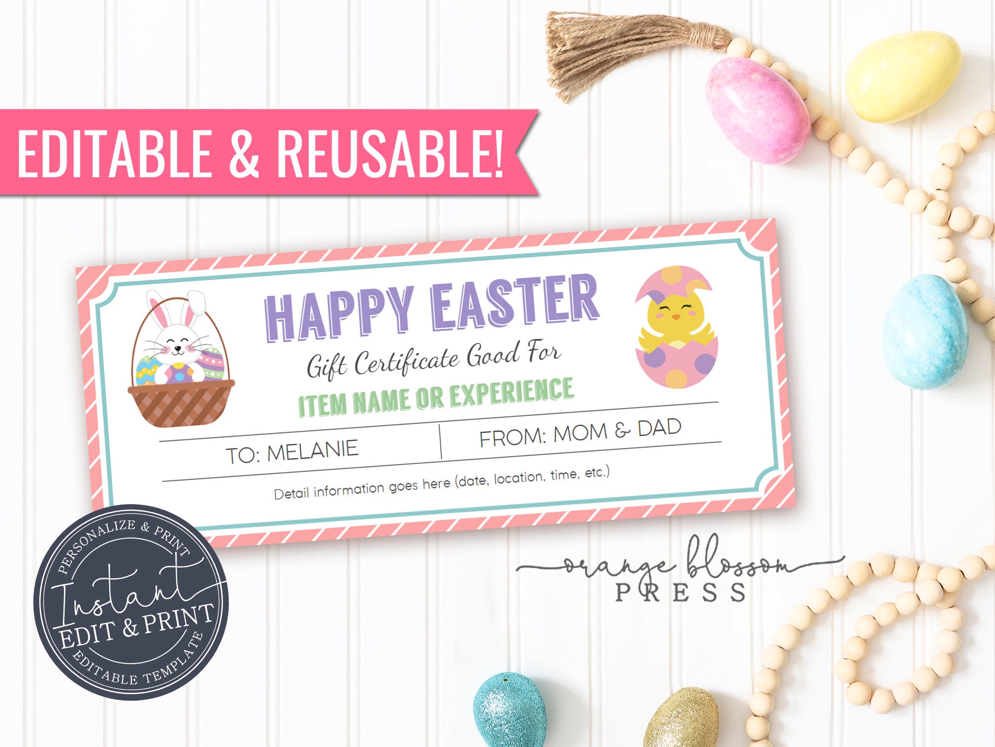 Easter Gift Certificate Template, Event Trip Coupon, Personalized ...