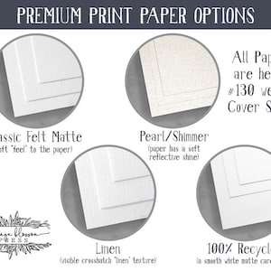 May include: Four different paper samples for printing, including Classic Felt Matte, Pearl/Shimmer, Linen, and 100% Recycled. All papers are heavy #130 weight cover stock.