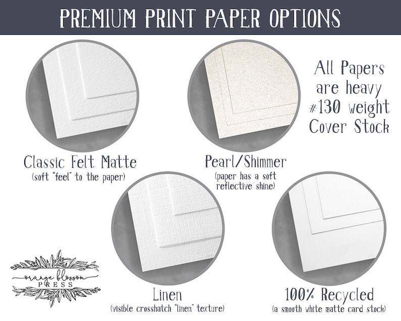 May include: Four different paper samples for printing, including Classic Felt Matte, Pearl/Shimmer, Linen, and 100% Recycled. All papers are heavy #130 weight cover stock.