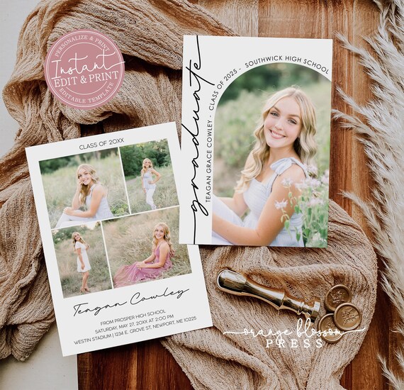 Photo Graduation Announcement, Modern Grad Invitation, Arch Curved Text, DIY Party, Digital Template or Printed, Instant Edit & Download