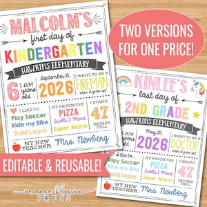 以下が含まれることがあります： カラフルなテキストの2つの印刷可能な学校のサイン。1つは「Malcolm's first day of Kindergarten」、もう1つは「Kinlee's last day of 2nd Grade」と書かれています。両方のサインに「Hawkins Elementary」というテキストが含まれており、高さは119 cmです。
