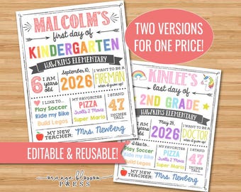 May include: Two printable school signs with colourful text. One sign says "Malcolm's first day of Kindergarten" and the other says "Kinlee's last day of 2nd Grade." Both signs include the text "Hawkins Elementary" and are 119 cm tall.