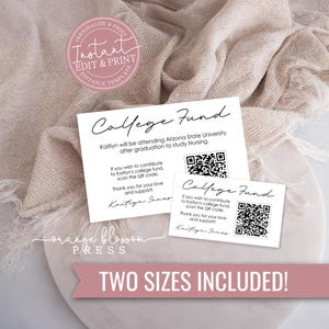 May include: Two white cards with the text "College Fund" and a QR code. The cards state Kaitlyn will attend Arizona State University. The cards are on a light beige cloth with the text "TWO SIZES INCLUDED!" at the bottom.