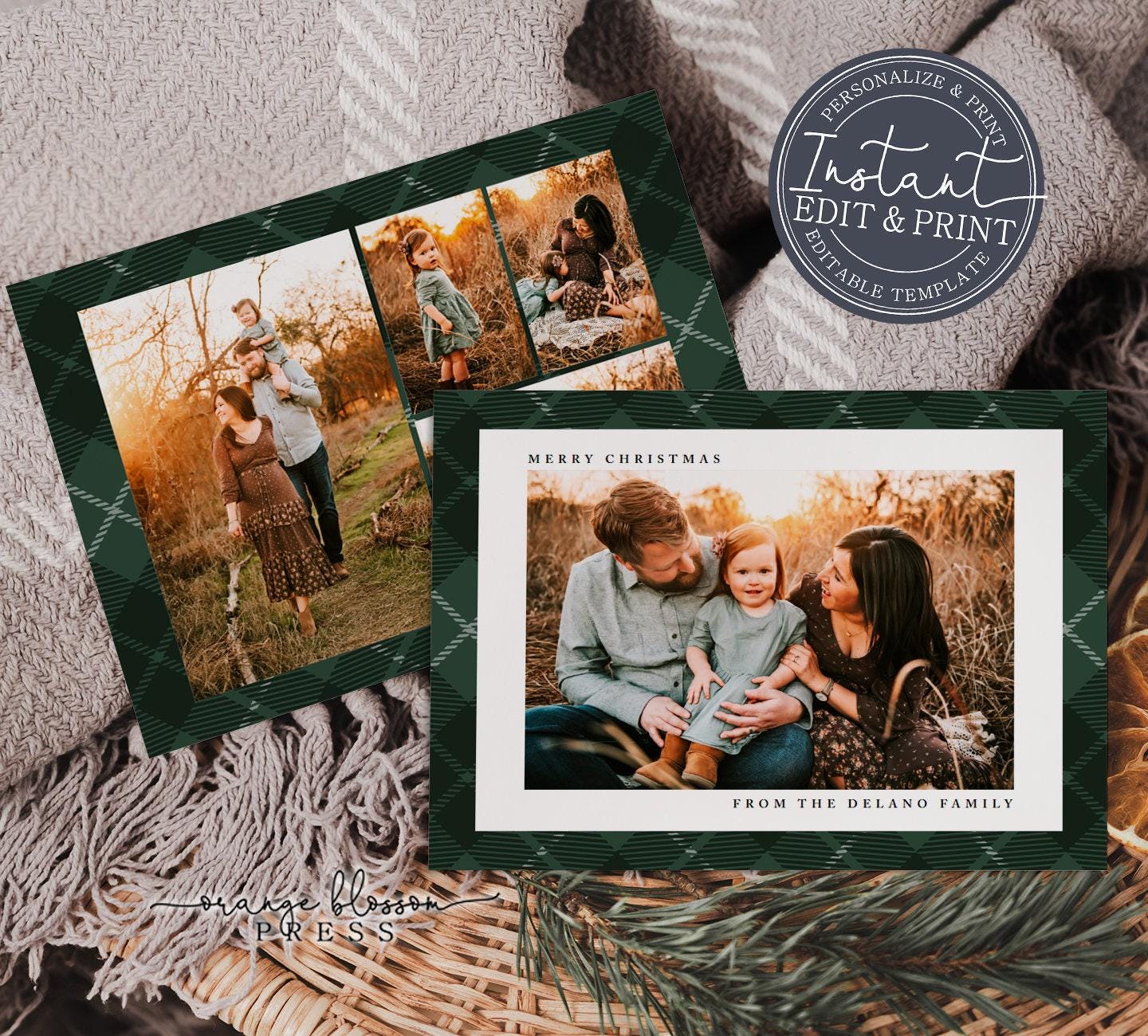 Photo Christmas Card, Green Plaid Holiday Card Template, Editable, Personalized, Digital or Printed Options, Instant Edit & Download