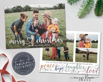 Christmas Photo Holiday Card, Peace Hope Love, DIY Personalized, Digital or Printed Options, Instant Edit & Download