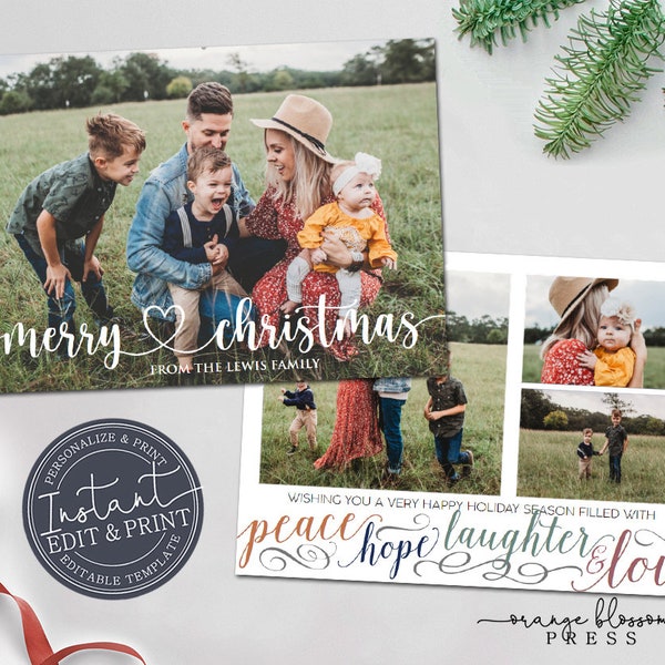 Christmas Photo Holiday Card, Peace Hope Love, DIY Personalized, Digital or Printed Options, Instant Edit & Download