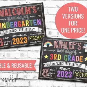 Chalkboard Back to School Sign, First or Last Day, Editable and Reusable, Boy or Girl, Personalized Printable, Instant Edit & Download, S01