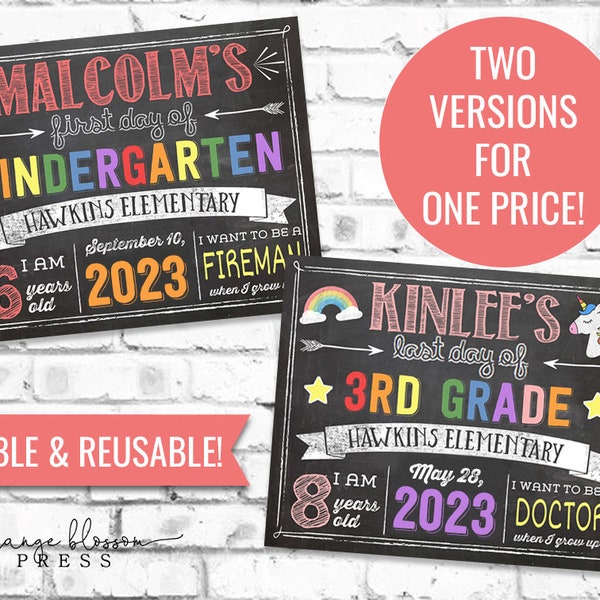 Chalkboard Back to School Sign, First or Last Day, Editable and Reusable, Boy or Girl, Personalized Printable, Instant Edit & Download, S01