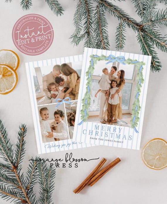 Photo Christmas Card Template, Blue Watercolor Bow Garland, Grandmillenial Portrait, Digital or Printed Options, Instant Edit & Download