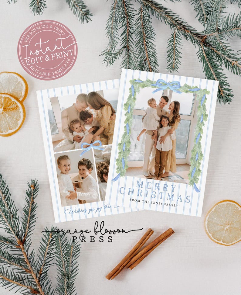 May include: Christmas card design with family photos, a blue and white striped background, and the text "Merry Christmas". The card is decorated with watercolour greenery and blue ribbons. The words "Personalise & Print" are also visible.