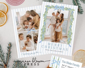 May include: A Christmas card template featuring a light blue striped border with watercolor pine garlands and blue bows. The card displays family photos and the text Merry Christmas from the Jones Family. Includes a matching address label template.