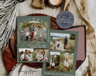 May include: A green Christmas card featuring a collage of family photographs. The card has gold lettering that reads "Merry Christmas" and "From the Jones Family". The card also includes a green wreath with gold leaves surrounding the photos.