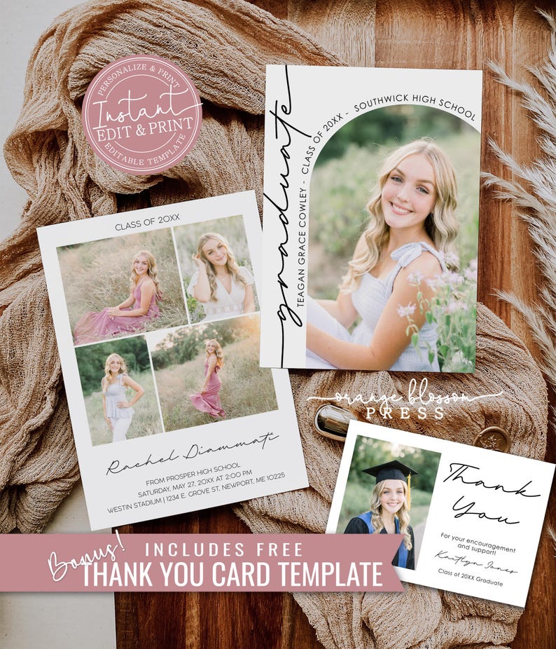 Photo Graduation Announcement, Modern Grad Invitation, Arch Curved Text, DIY Party, Digital Template or Printed, Instant Edit & Download G01 image 1