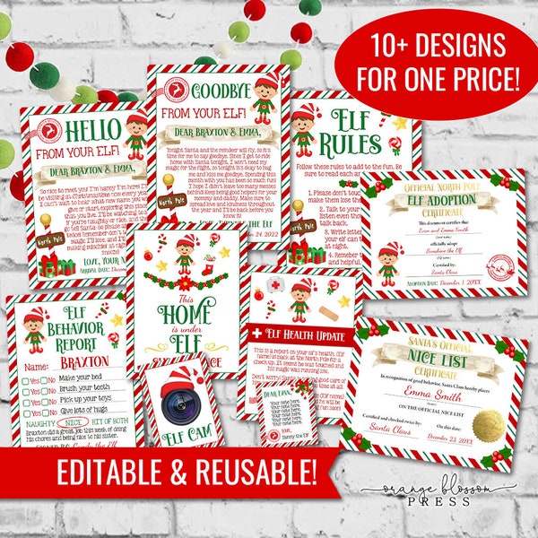 Christmas Elf Design Bundle, Welcome Goodbye Letter, Elf Note, Adoption, Personalized, Reusable Set, Custom Editable, Instant Edit/Download