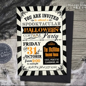 Vintage Halloween Party Invitation, Halloween Birthday, Haunted House Spooky Mansion Invite, Digital or Printed, Instant Edit & Download