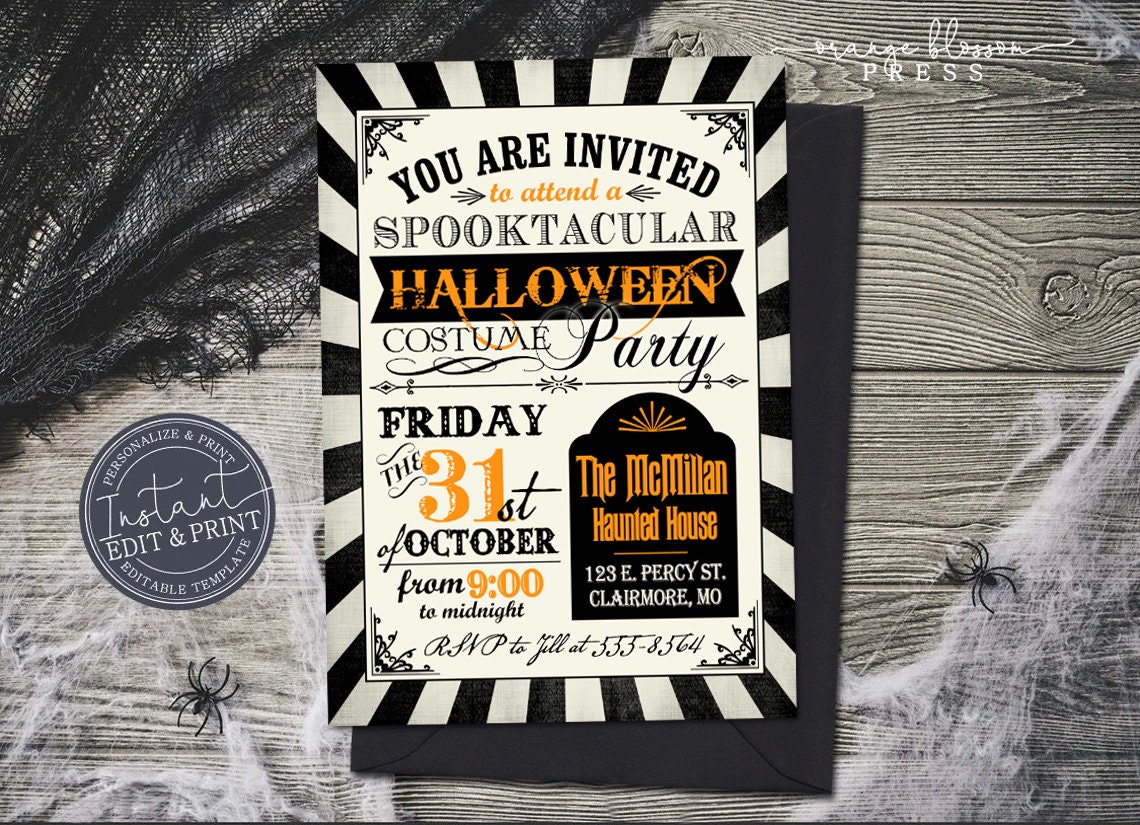 Vintage Halloween Party Invitation, Halloween Birthday, Haunted House Spooky Mansion Invite, Digital or Printed, Instant Edit & Download