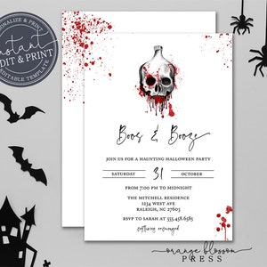 May include: A Halloween party invitation with a skull and crossbones graphic. The invitation reads "Boos & Booze" and includes details for a party on October 31st from 7:00 PM to midnight. The invitation also includes the address and RSVP information.