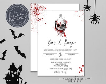 May include: A Halloween party invitation with a skull and crossbones graphic. The invitation reads "Boos & Booze" and includes details for a party on October 31st from 7:00 PM to midnight. The invitation also includes the address and RSVP information.