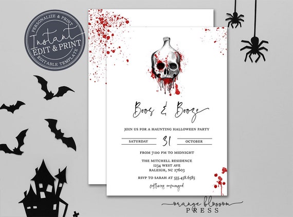 Adult Halloween Party Invitation, Boos and Booze, Bloody Skull, Spooky Adult Party, Digital or Printed, Instant Edit & Download H1