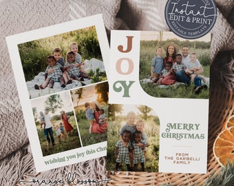 Photo Christmas Card, Retro Vintage Holiday Card Template, Personalized, Digital or Printed Options, Instant Edit & Download