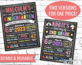 Chalkboard Back to School Sign, First Day or Last Day, Editable and Reusable, Boy or Girl, Printable, Instant Edit & Download, S01