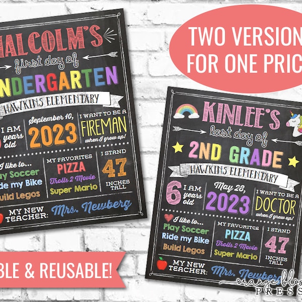 Chalkboard Back to School Sign, First Day or Last Day, Editable and Reusable, Boy or Girl, 11x14 / 8.5x11 Printable, Instant Edit & Download