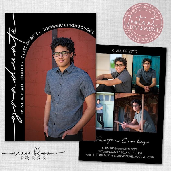 Photo Graduation Announcement, Modern Grad Invitation Party, Arch Curved Text, Black, Digital Template or Printed, Instant Edit & Download