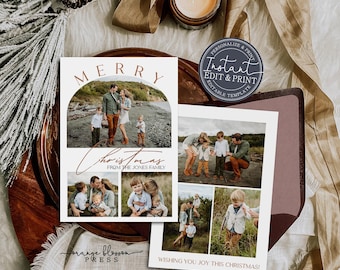 Photo Christmas Card Template, Modern Arch Shape Holiday Card, Personalized, Digital or Printed Options, Instant Edit & Download