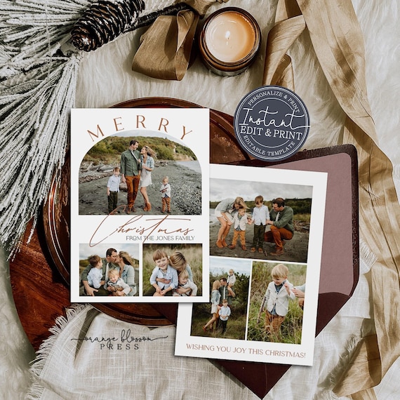 Photo Christmas Card Template, Modern Arch Shape Holiday Card, Personalized, Digital or Printed Options, Instant Edit & Download