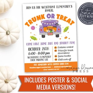 Halloween Trunk or Treat Invitation, Flyer Poster Social, Neighborhood Church Trunk or Treat Party, Custom Editable Instant Edit & Download
