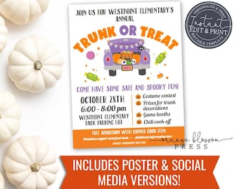 Halloween Trunk or Treat Invitation, Flyer Poster Social, Neighborhood Church Trunk or Treat Party, Custom Editable Instant Edit & Download