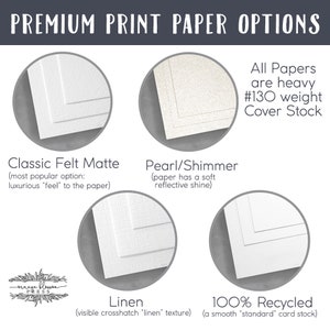 May include: Image displaying premium print paper options: Classic Felt Matte, Pearl/Shimmer, Linen, and 100% Recycled. Each option is shown with paper samples. Text states the papers are heavy #130 weight cover stock.