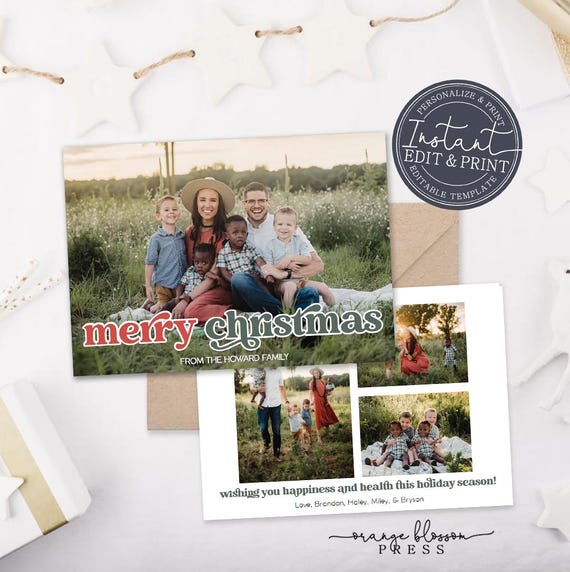 Photo Christmas Card Template, Full Photo Merry, Vintage Retro Font, Personalized, Digital or Printed Options, Instant Edit & Download