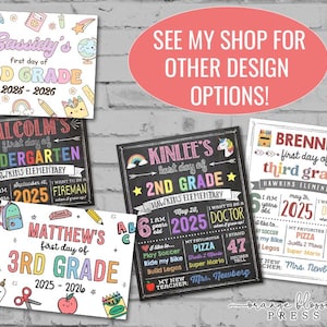 colorful posters advertising various school-related products, such as first day of school supplies, backpacks, and school uniforms.