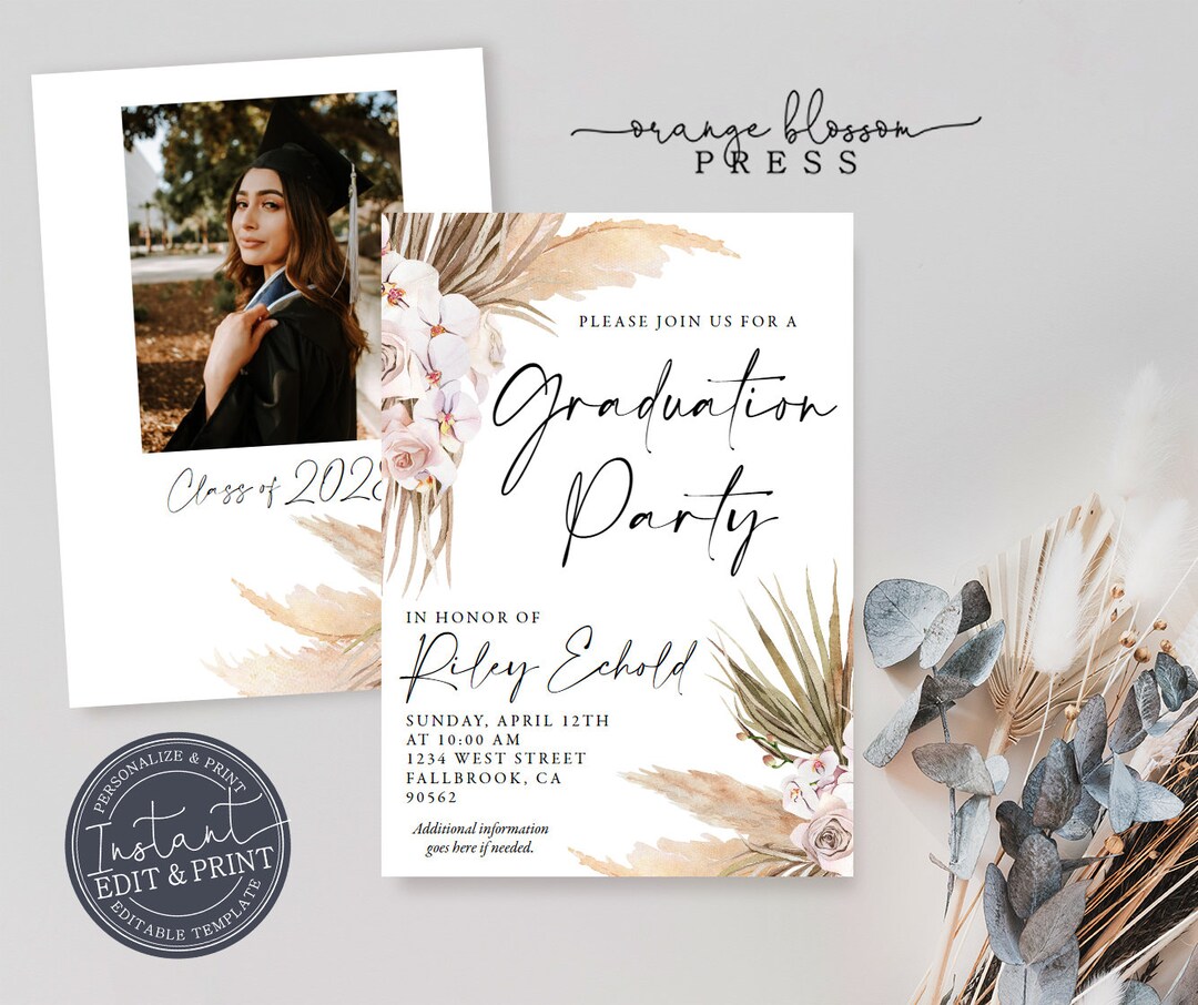 Boho Graduation Party Invitation, Bohemian Pampas, High School, Collage
