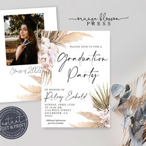 Boho Graduation Party Invitation, Bohemian Pampas, High School, Collage ...