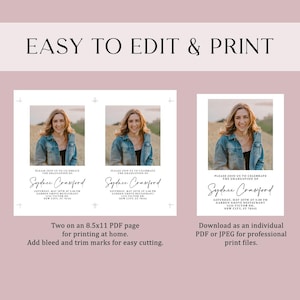 May include: A graduation announcement template featuring a photograph of a person in a denim jacket. The design includes the text "Easy to Edit & Print" and details for the graduation celebration, including the date, time, and venue.
