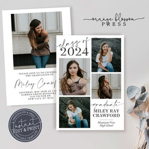 Graduation Announcement, Grad Invitation, Simple Modern Clean, Photo Collage Graduation Party, Digital or Printed, Instant Edit & Download