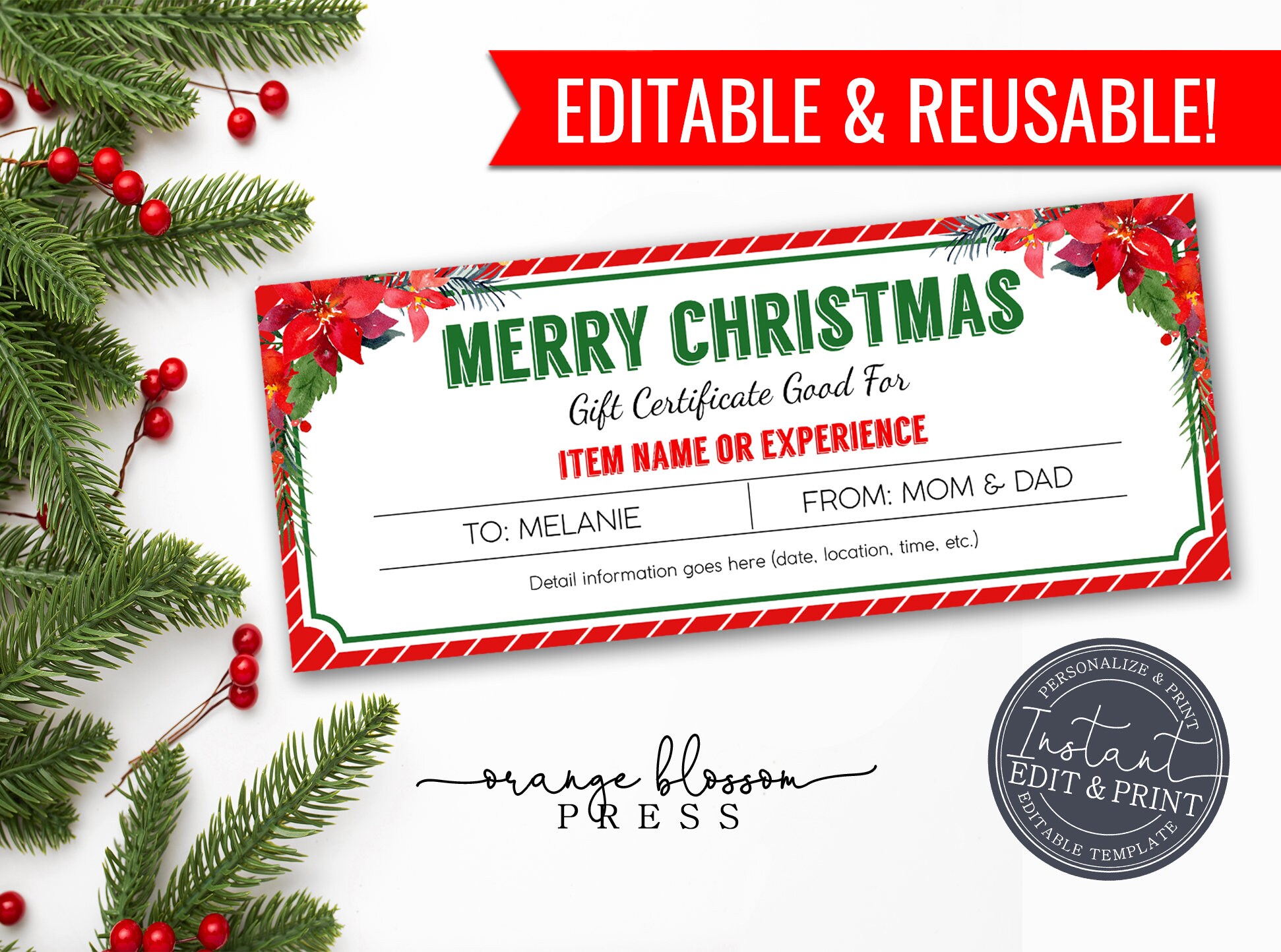 Christmas Gift Certificate Template Event Trip Coupon - Etsy